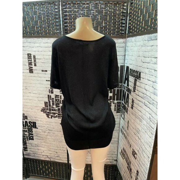 Old Navy M Black Metallic Scoop Neck Ribbed Trim Short Dolman Sleeve Sweater - Picture 3 of 5